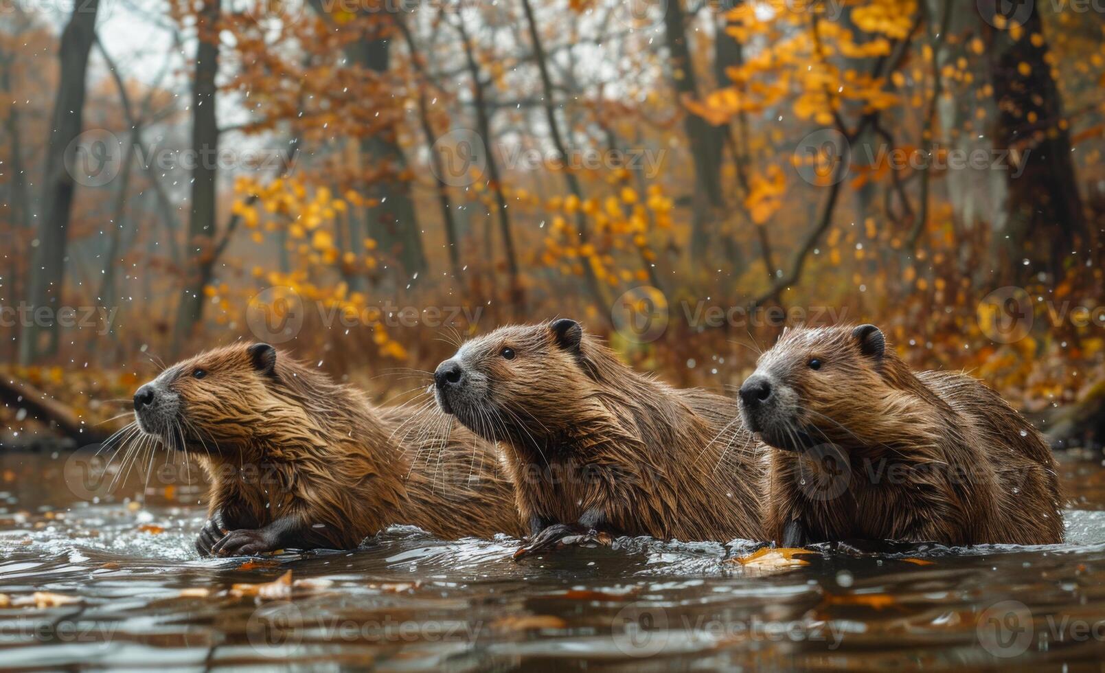 Beavers playing in the water. Beavers in the wild photo