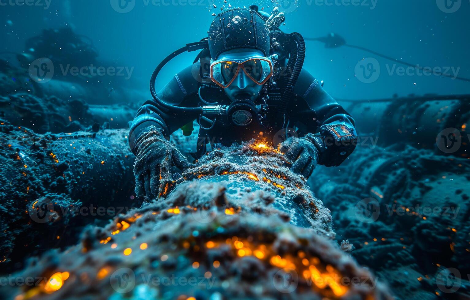 SCUBA diver exploring sunken ship. A professional diver in wetsuit is submerged in blue ocean waters photo