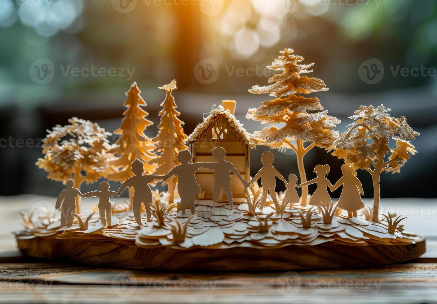 A paper cutout of an entire family holding hands next to their house photo