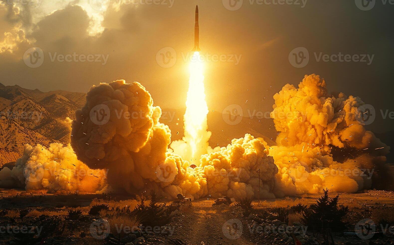Rocket takes off into the sky. The elements of this image were furnished photo