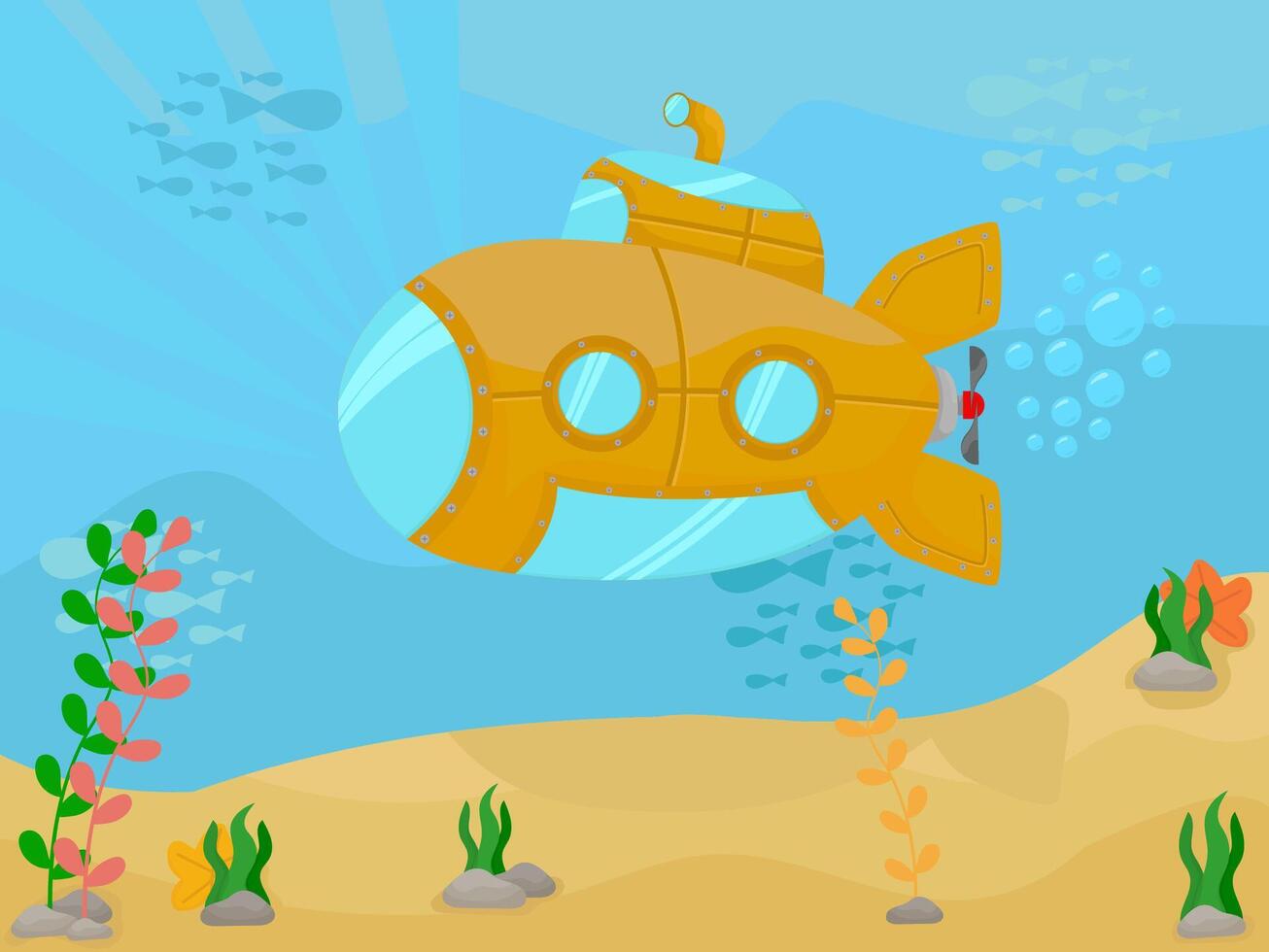 Submarine under water sea bottom sea animal and plants flat illustration vector