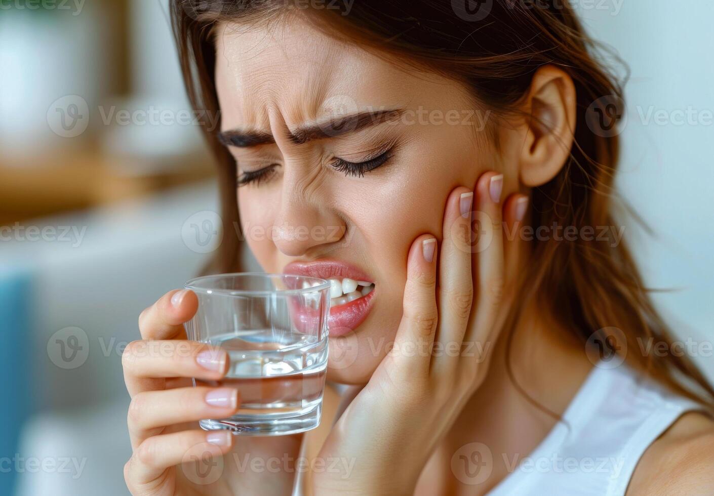 Woman holding glass of water and suffering from toothache photo