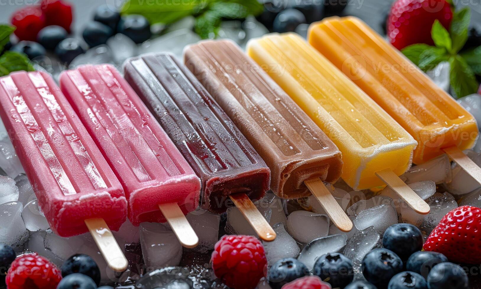 Five assorted popsicles are lined up on bed of ice with fresh berries and mint leaves photo