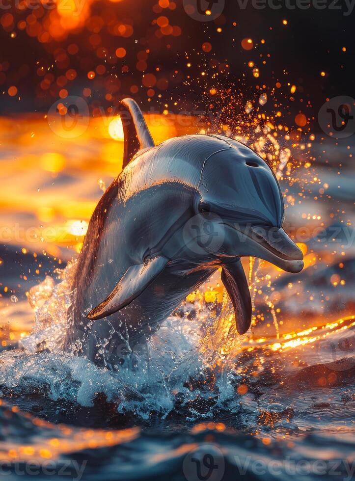 Bottlenose dolphin leaps from the ocean at sunset. photo