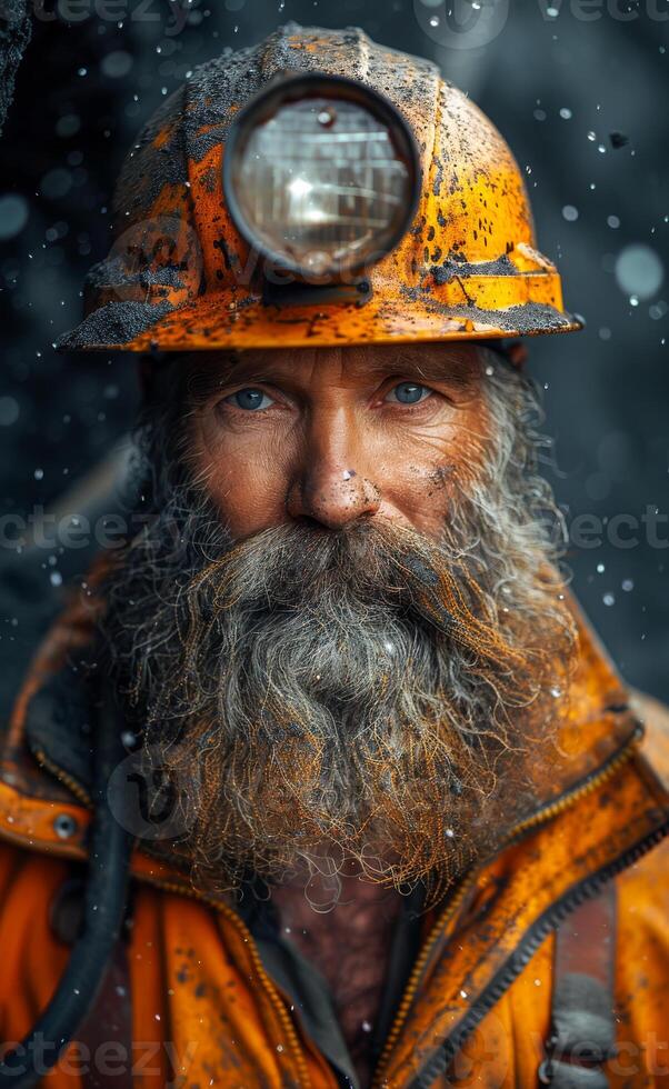 Coal miner with beard and helmet on his head. A photo of an old coal miner with a dirty face