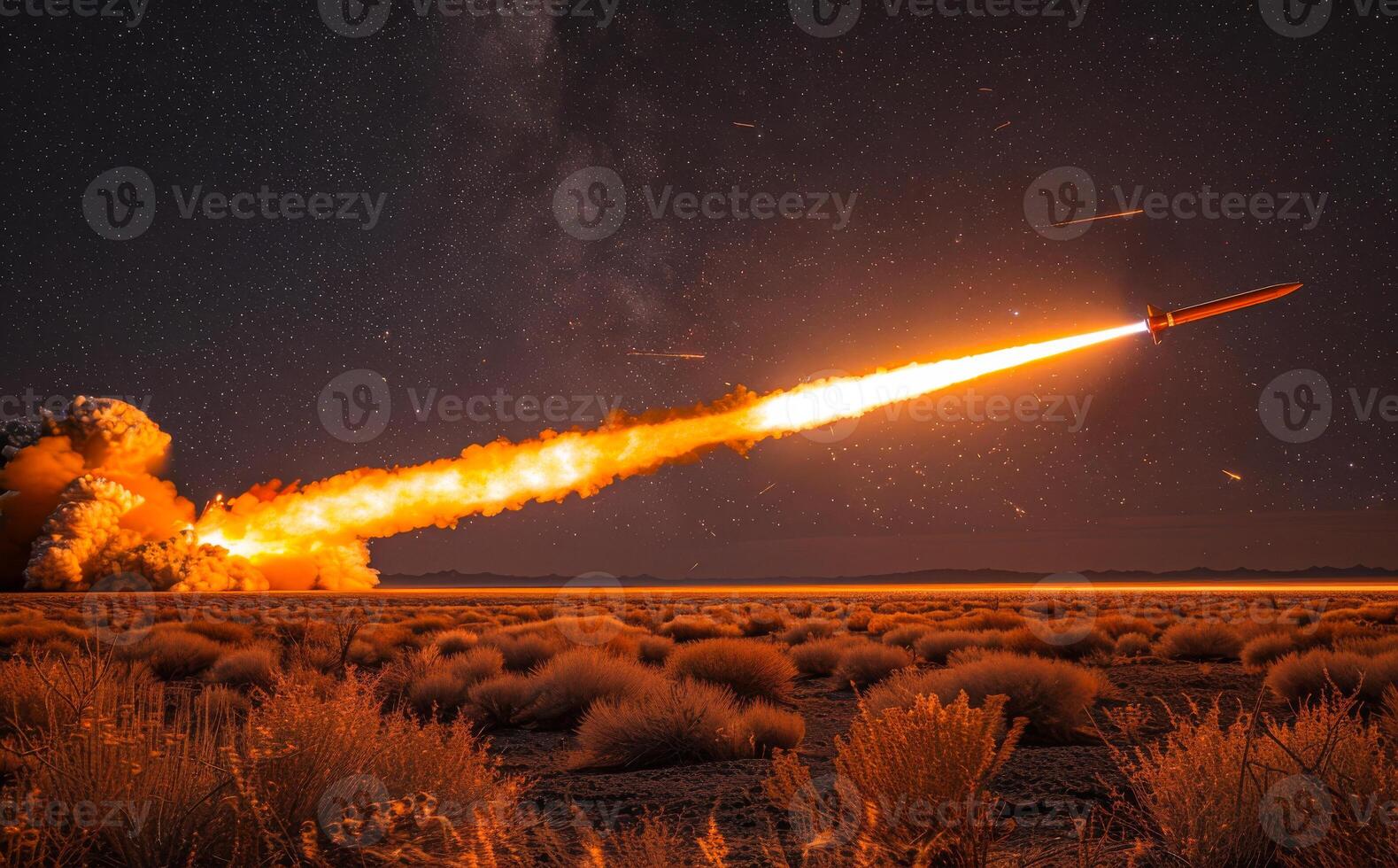 Rocket launches into the sky. A missile launch at night photo