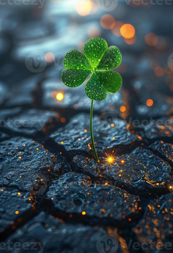 Green four leaf clover sprouts from the asphalt concept for luck new life spring prosperity and good fortune photo