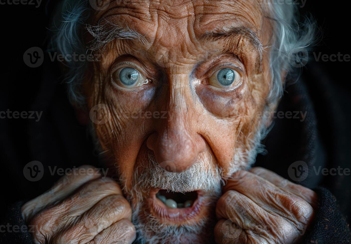 Close-up portrait of old man with surprised face photo