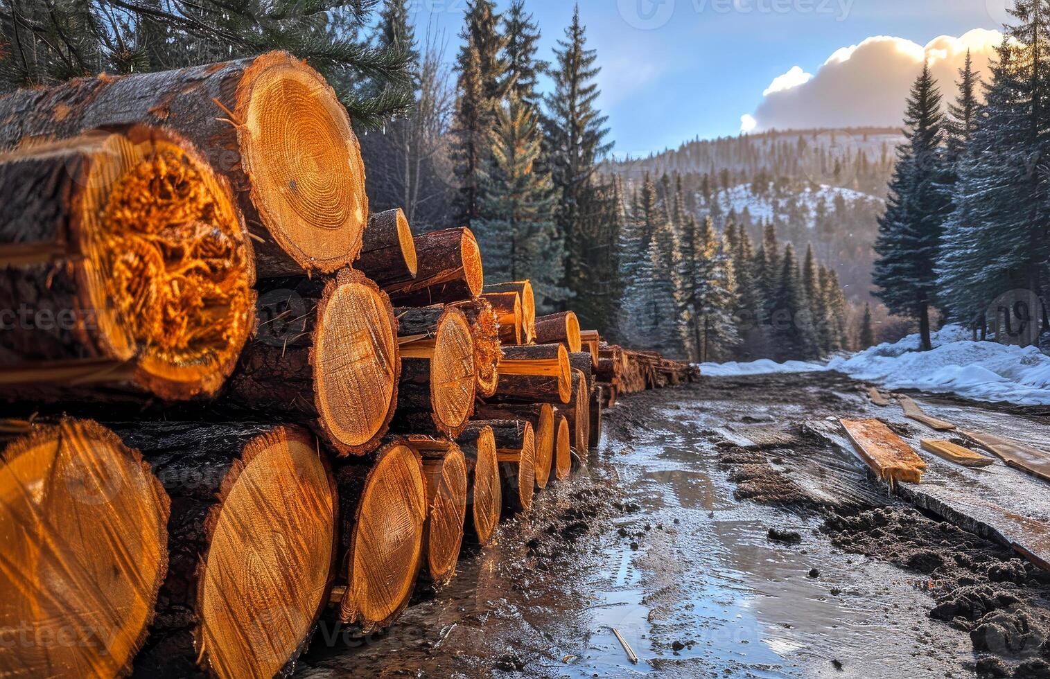 Logs are stacked on the side of the road in the mountains. A photo of cut pine trees in piles
