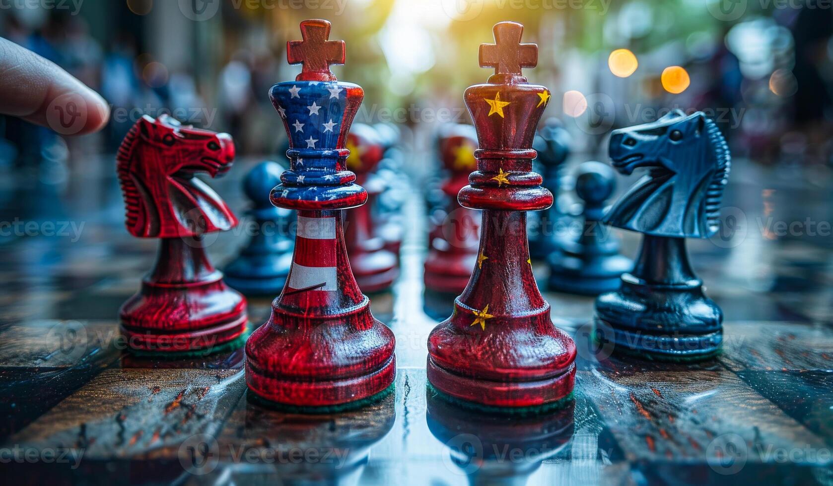 A chessboard with two pawns painted in the colors of USA and China photo