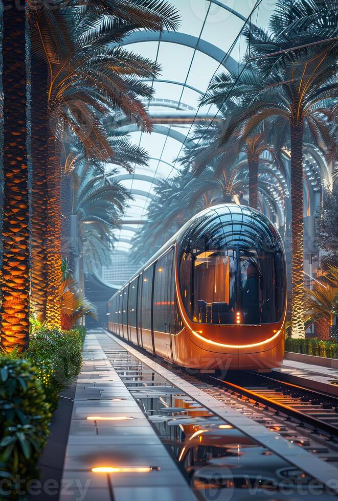Modern train on the tracks in the middle of palm trees photo