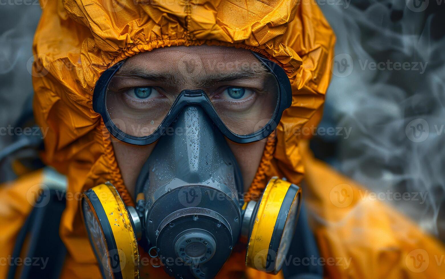 Man in hazmat suit. Man in yellow protective suit and gas mask photo