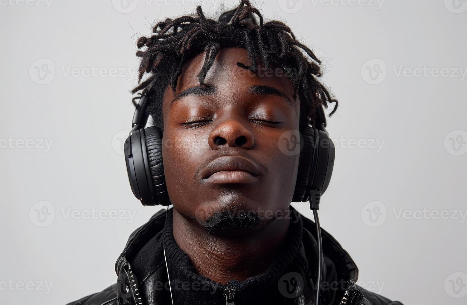 Portrait of young man with headphones listening to music photo
