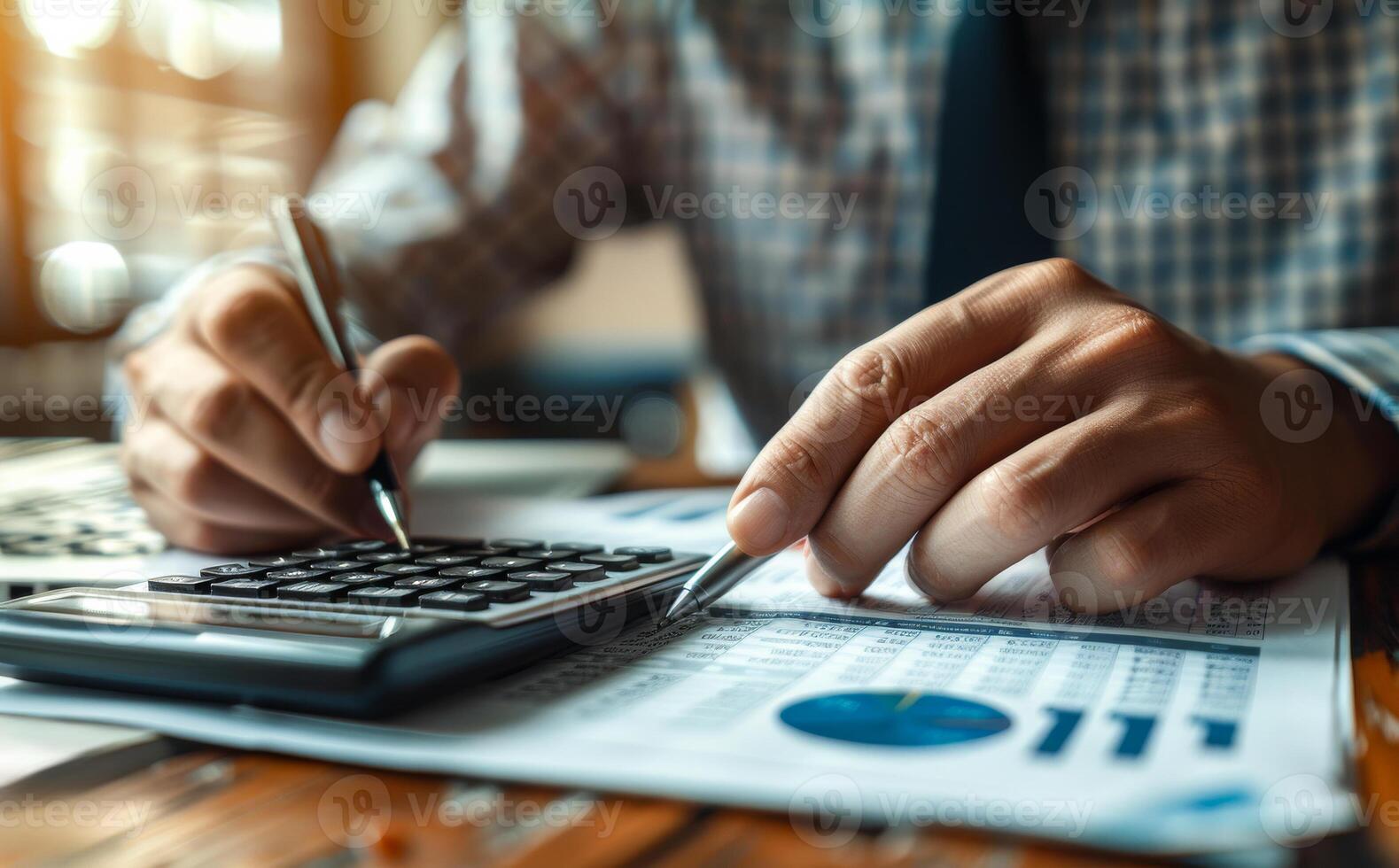 Businessman using calculator to calculate the numbers on his desk. photo