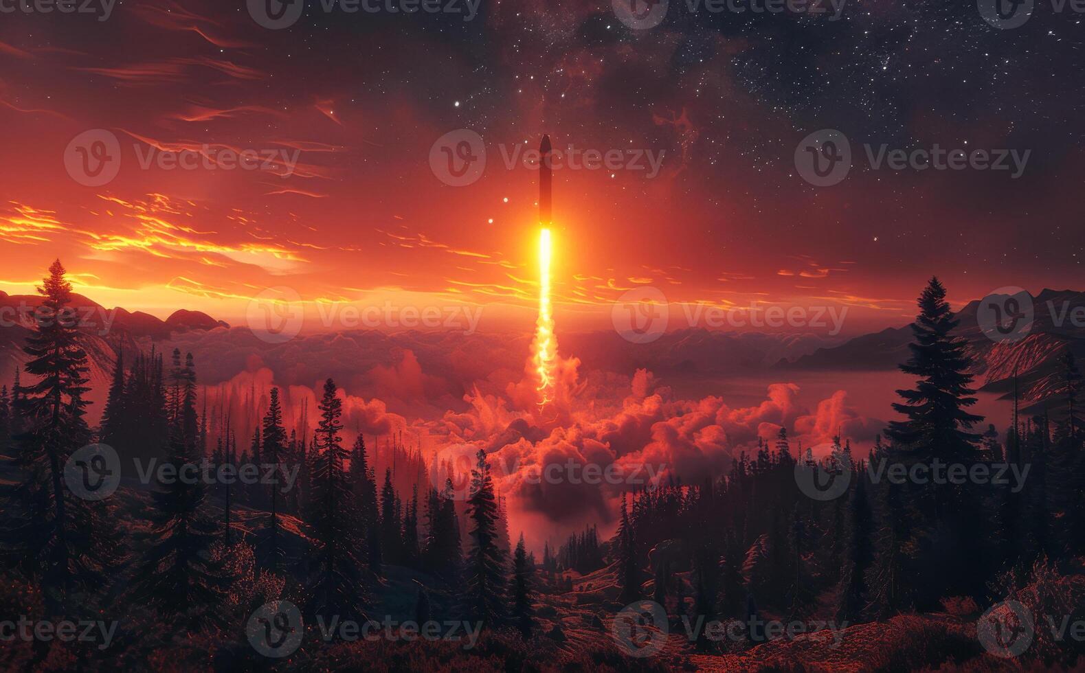 Rocket launch. Spaceship flies to the night sky. Fantastic landscape with sunset clouds and mountains. photo