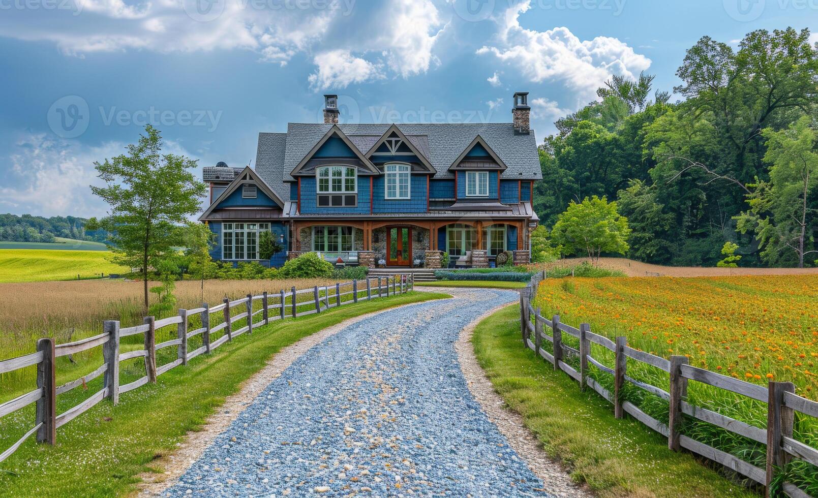 Large beautiful home sits on winding gravel driveway in rural photo