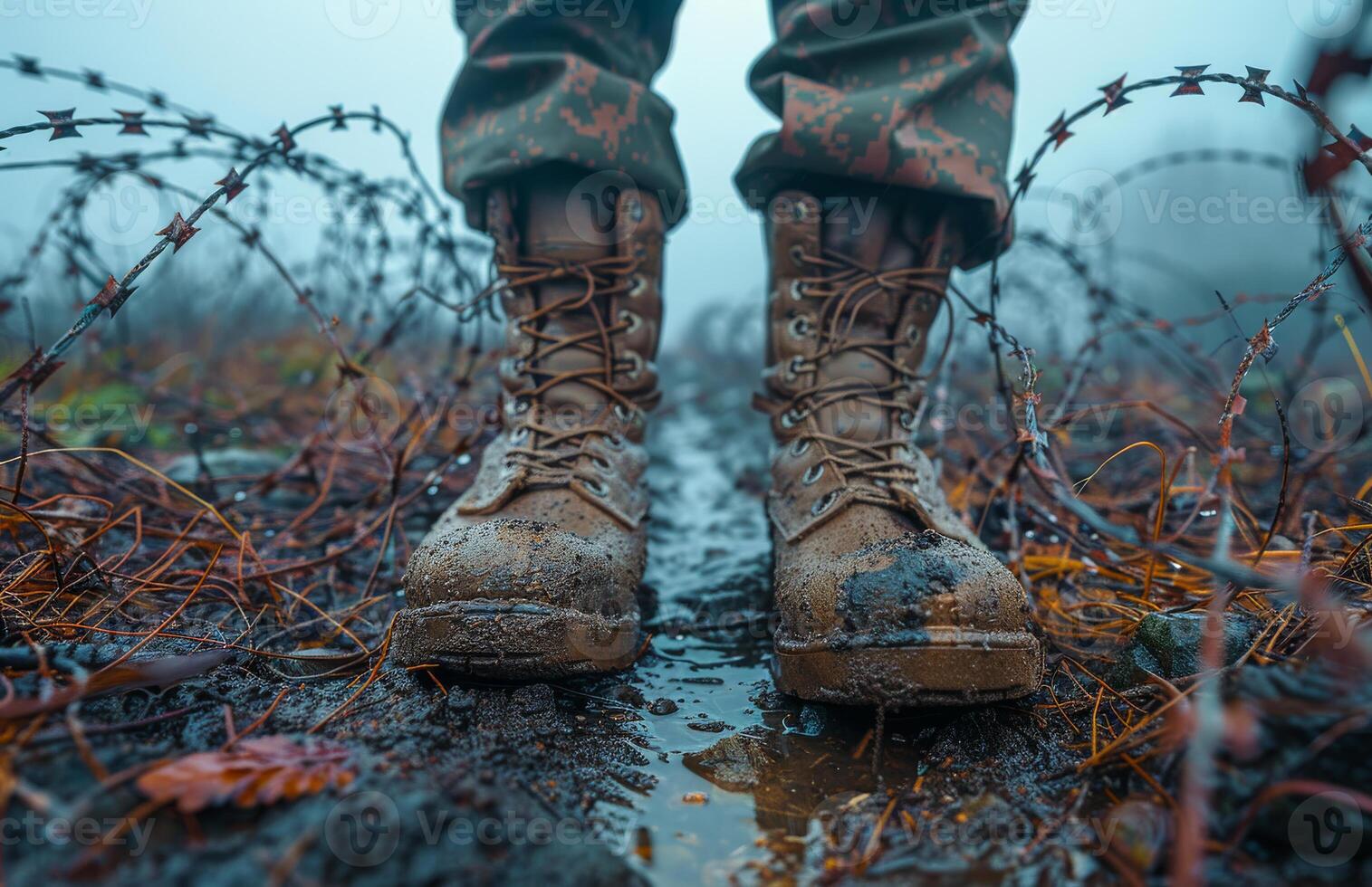 Pair of military boots. Close-up on soldier boots photo