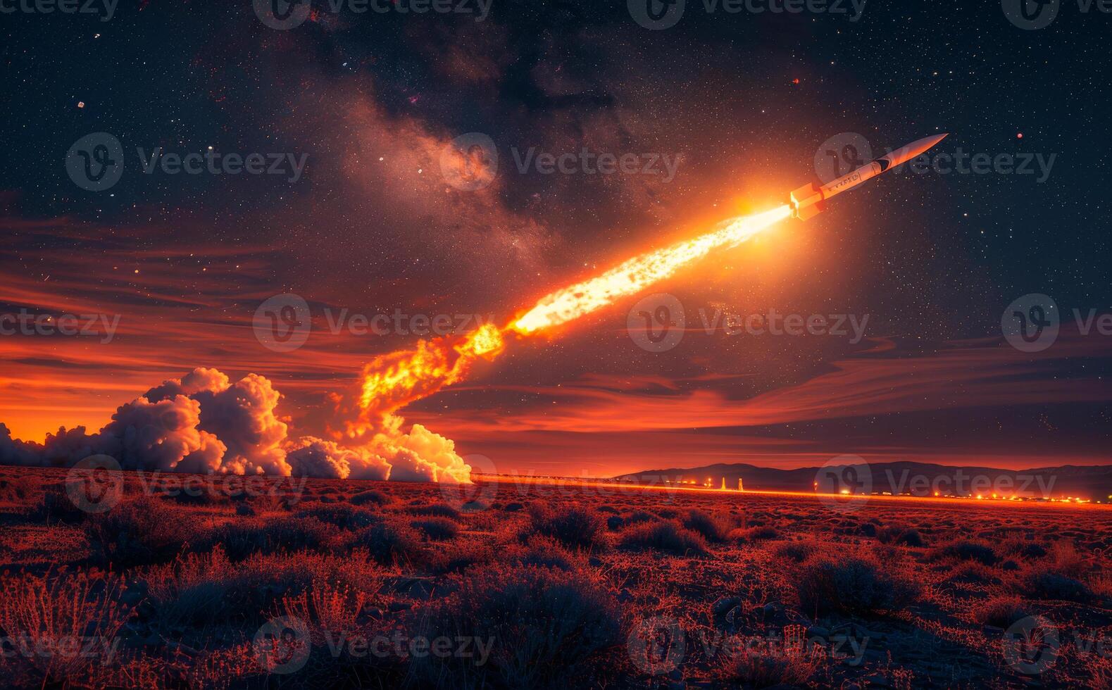 Rocket launches into space. A vivid depiction of a missile launch at night photo