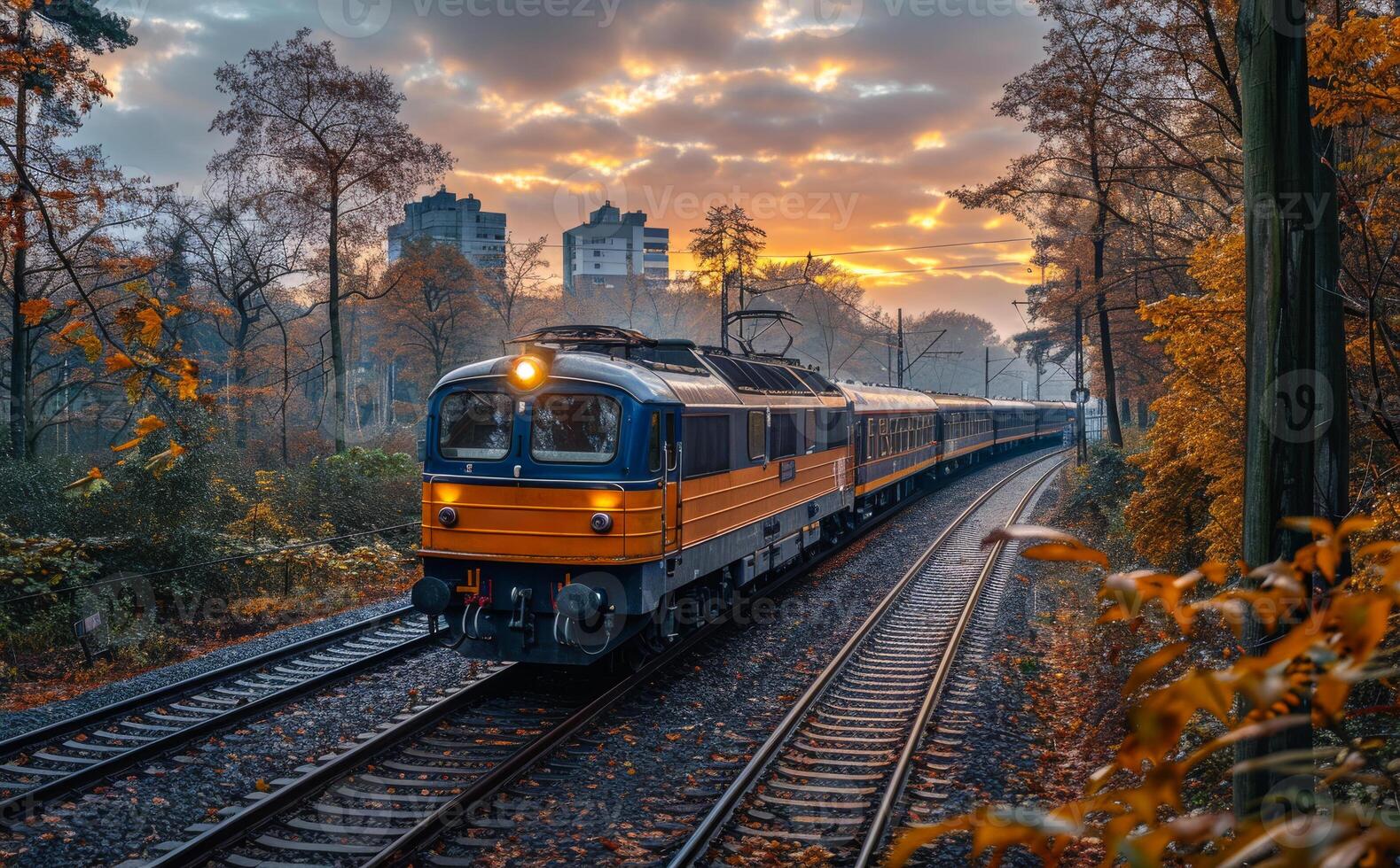 Passenger train moving through the forest at autumn sunset time. photo