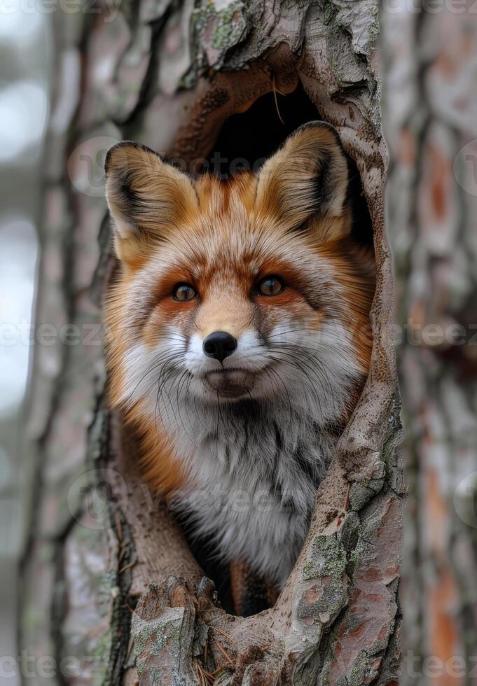 Red fox looking out of the hollow tree photo
