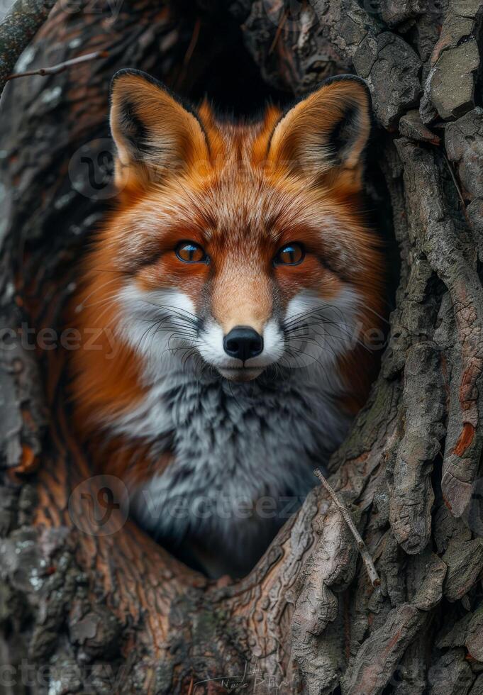 Red fox looking out of the hollow tree photo