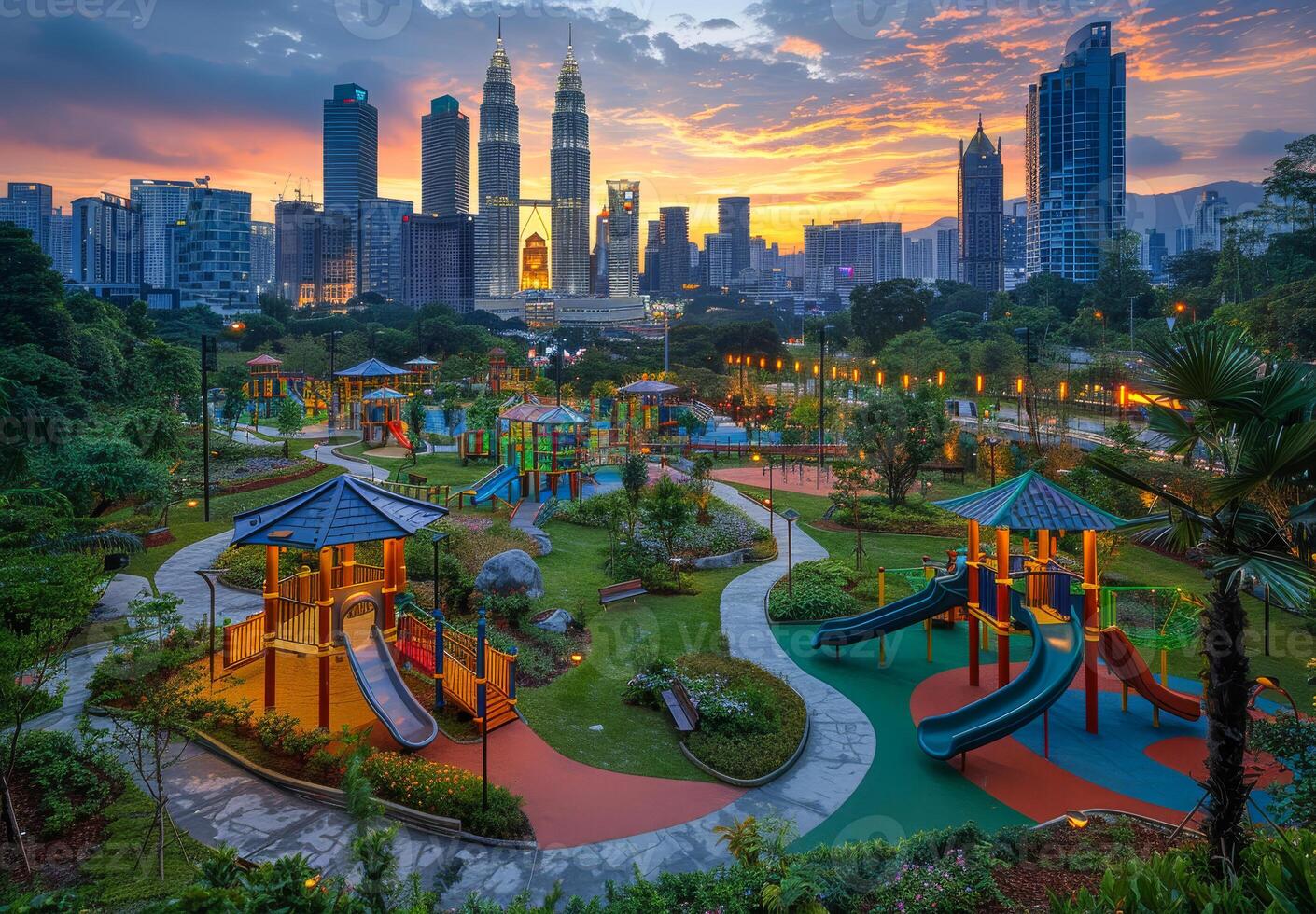 A city skyline and playground at sunset. Modern buildings in the city photo