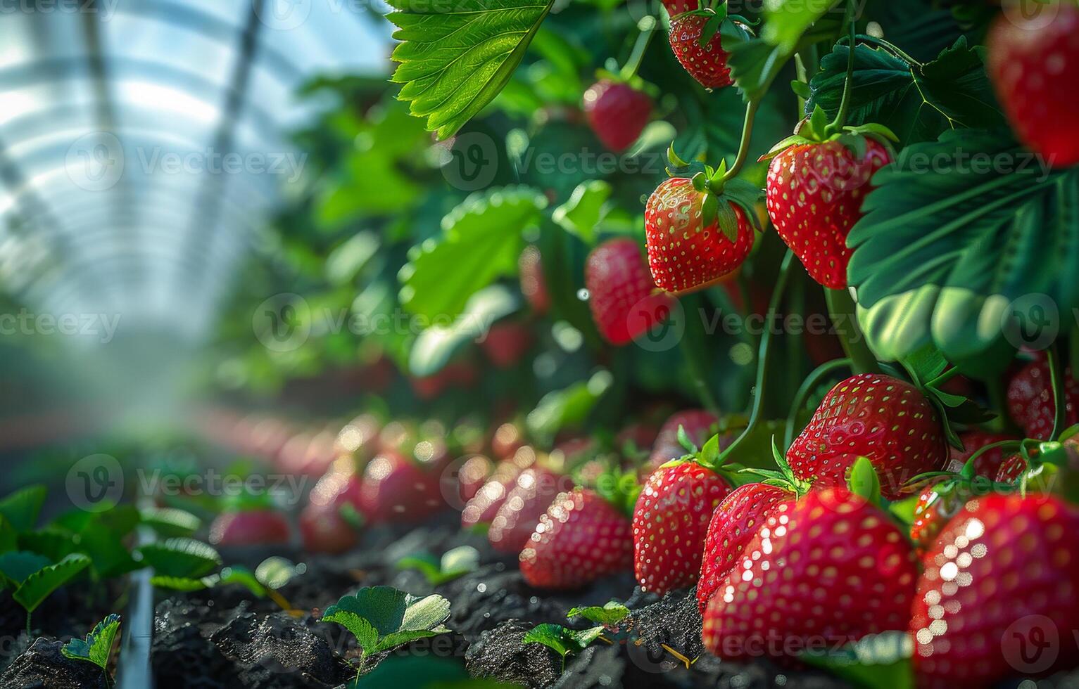 Strawberries growing in greenhouse. A strawberries growing in a berry farming tunnel photo