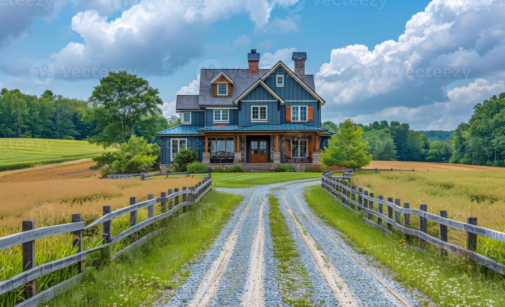 Beautiful blue house and gravel road in the countryside photo