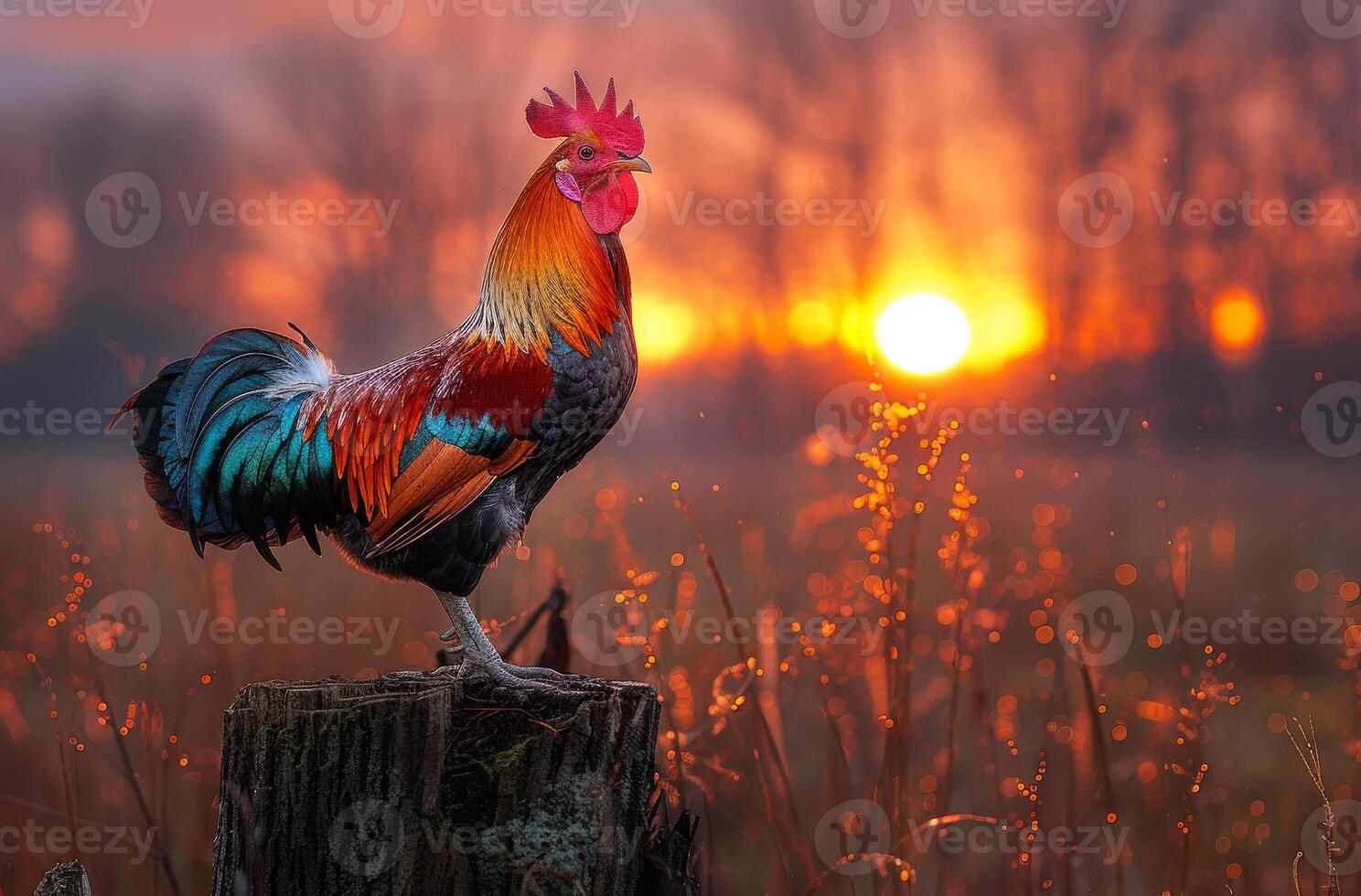 Rooster crowing on stump at sunrise photo