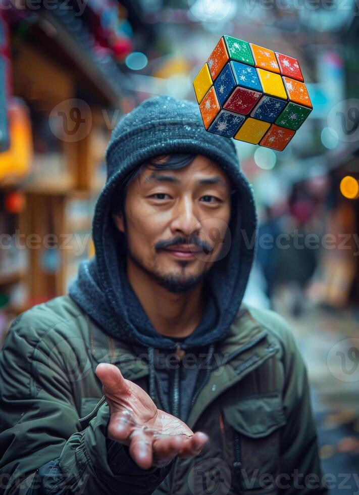 Man is playing rubik's cube on the street photo