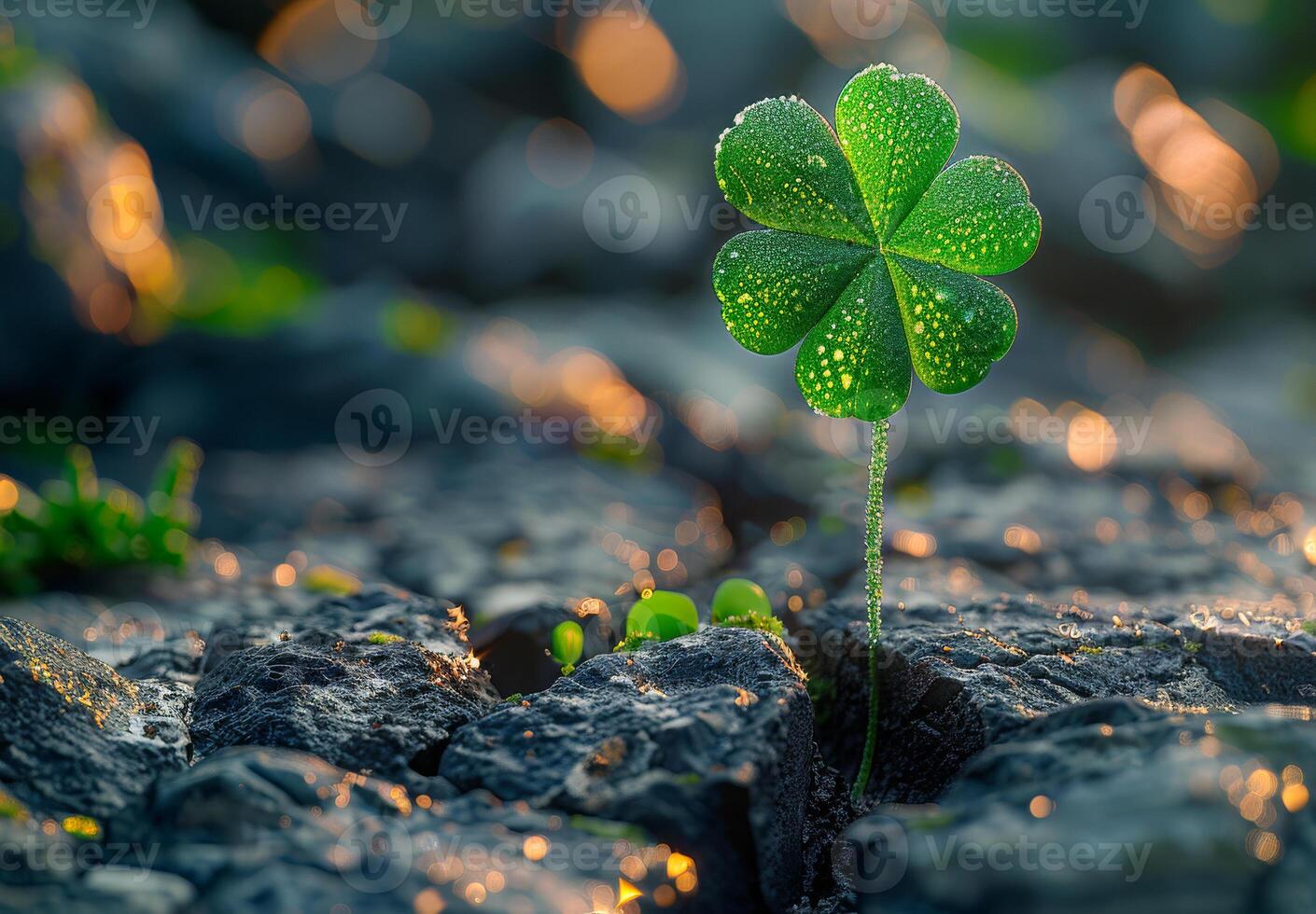 Green four leaf clover grows from the ground. A four leaf clover growing from the crack of an old photo
