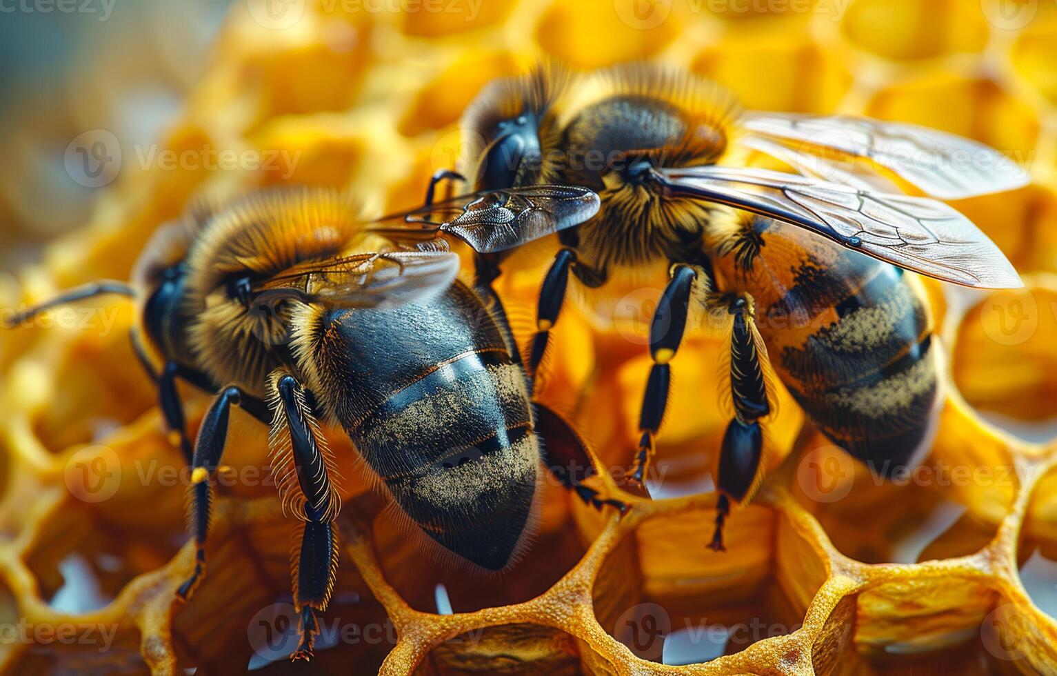 Bees are working on honeycomb. Two bees on a honeycomb photo