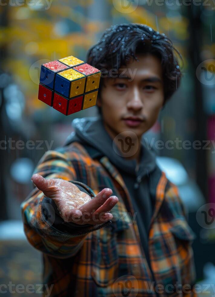 Young man is playing with Rubik's cube in the rain photo