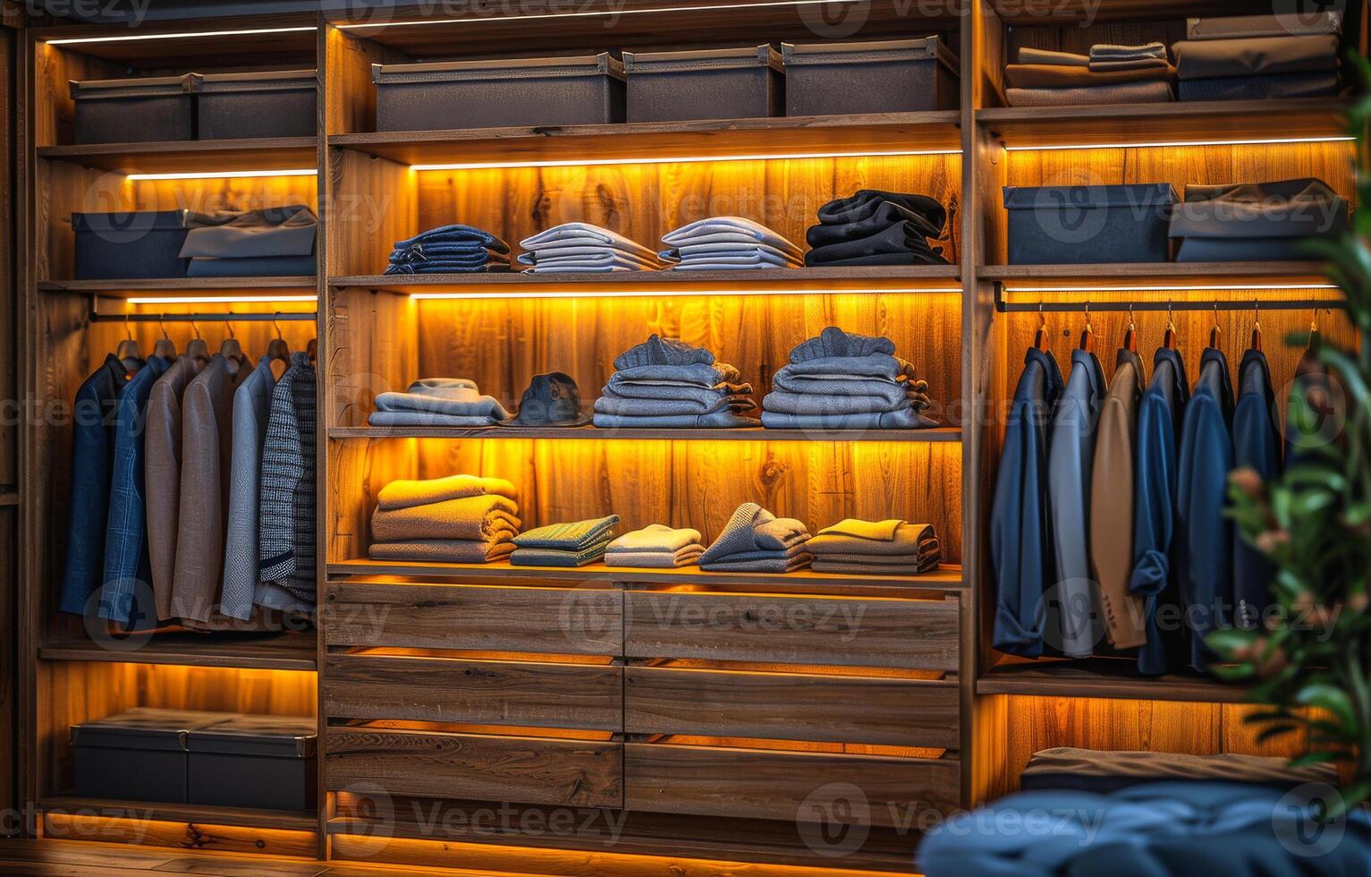 modern wooden wardrobe with clothes hanging on rail in walk in closet design interior photo