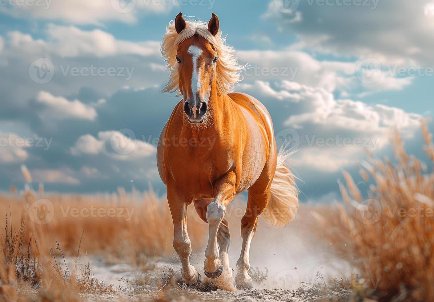 Beautiful palomino horse runs gallop on the field with dry grass photo