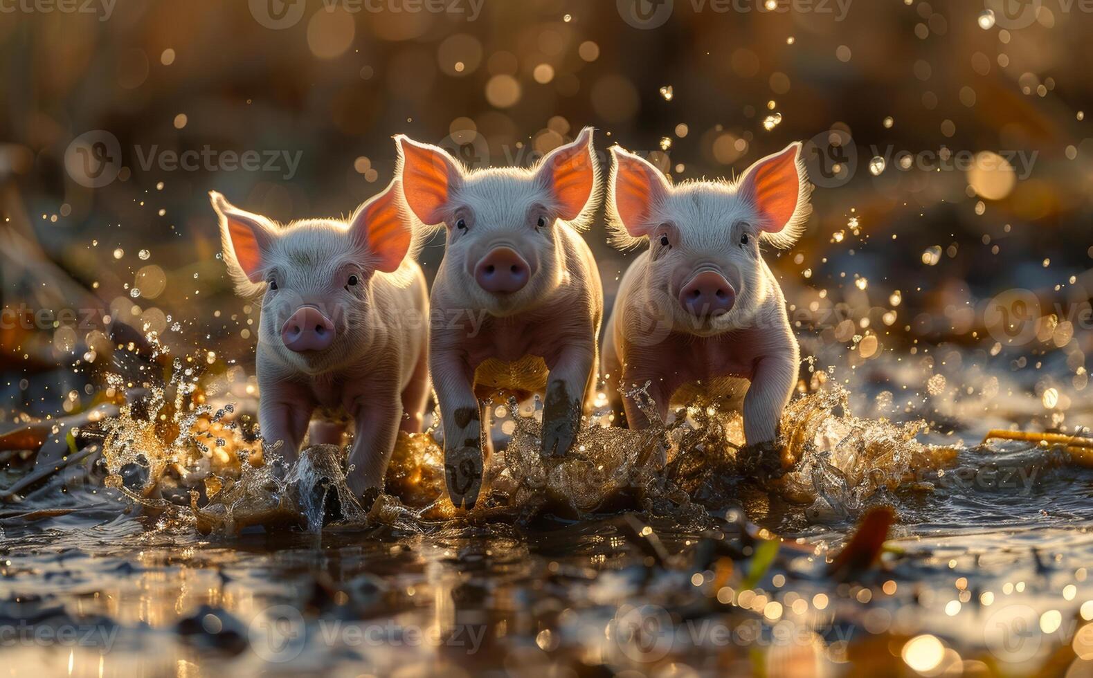 Three little pigs playing in the water. Piglets at Play photo