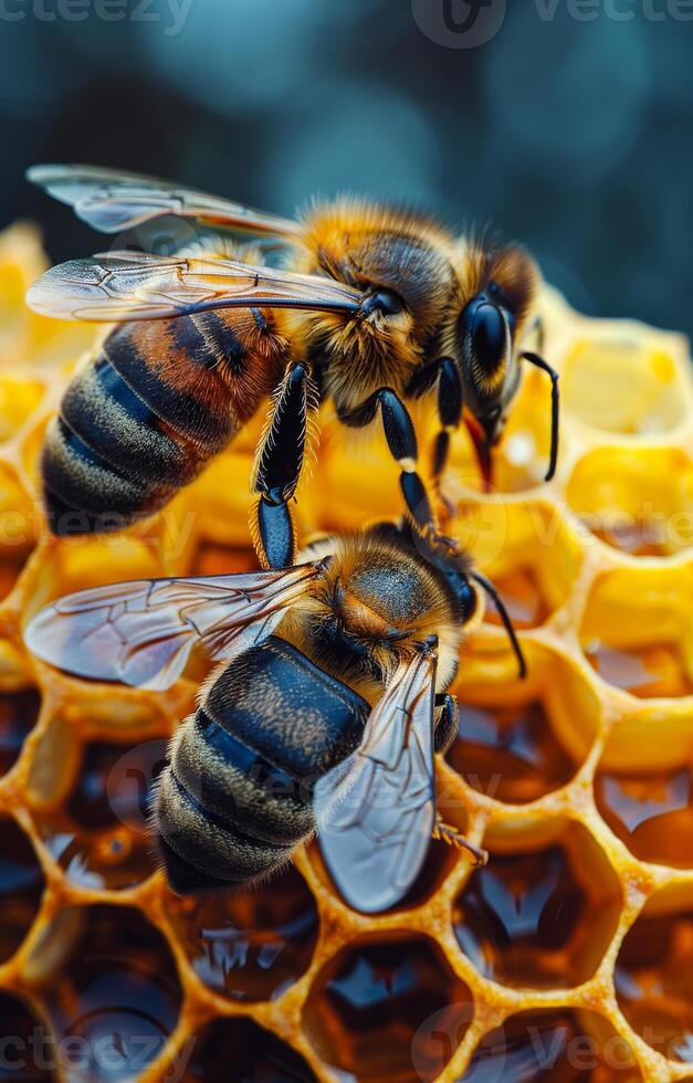 Bees are working on honeycomb. Two bees on a honeycomb photo