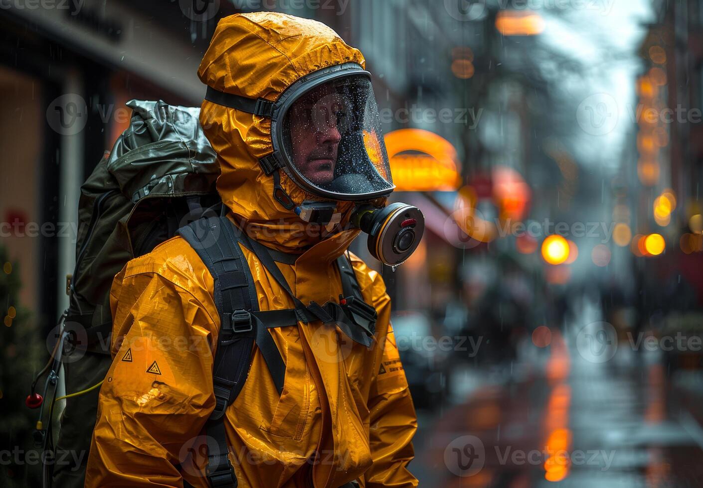 Man in yellow protective suit stands on the street during chemical attack and looks at the camera. photo