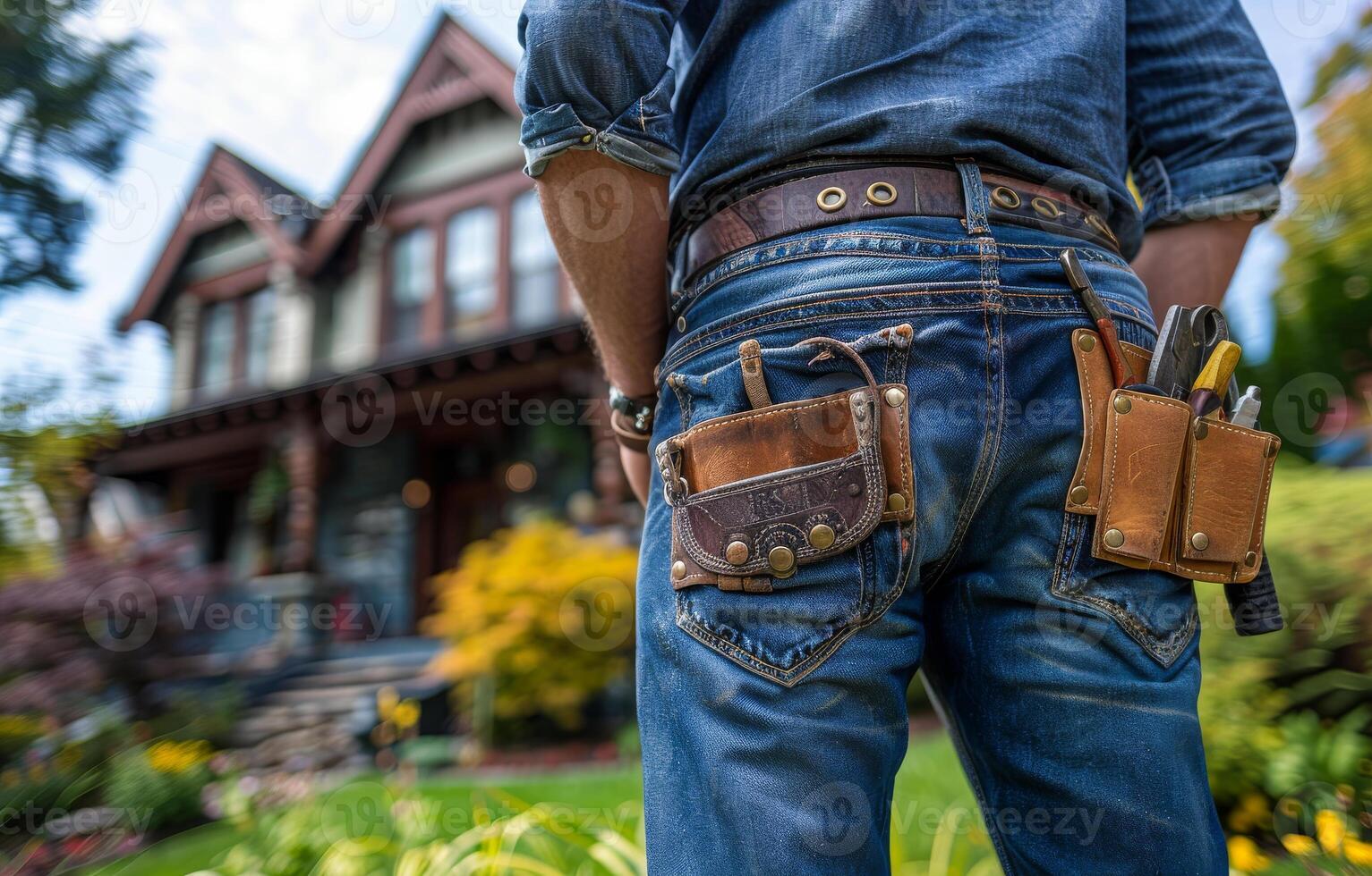 Handyman stands in front of house with his tool belt and hammer. photo