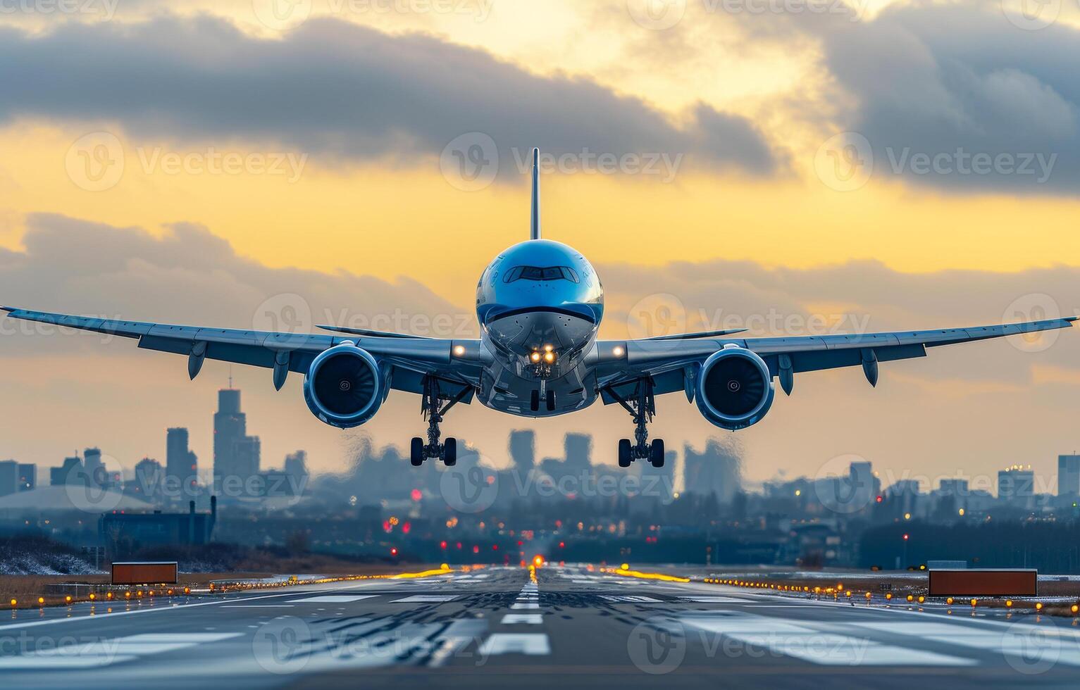 Airplane is taking off from the airport runway in the evening sunset light. Passenger airplane is flying high in the sky with big city background. Commercial plane. Landscape with passenger airplane. photo