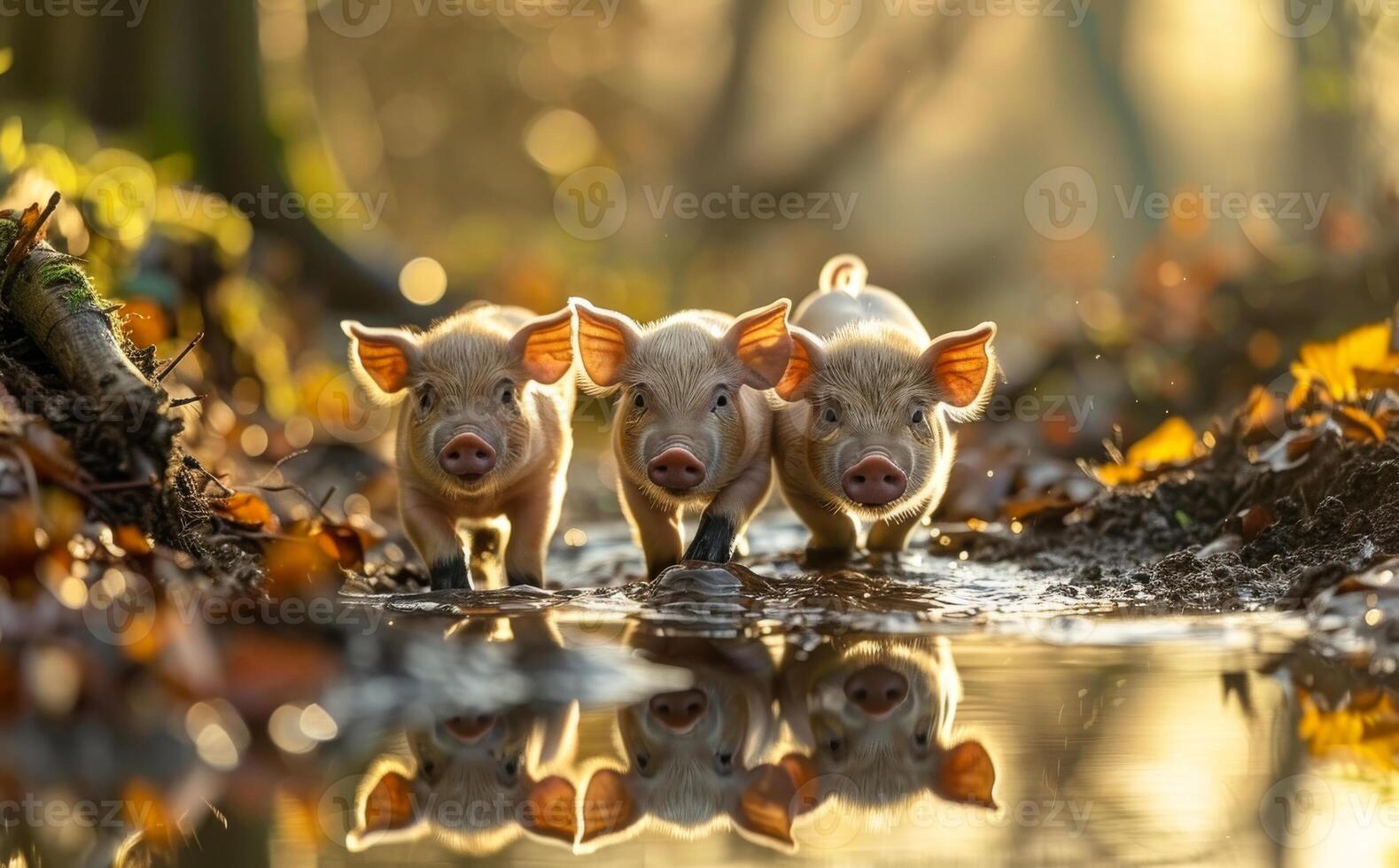 Three little pigs in row in the mud. Piglets at Play photo