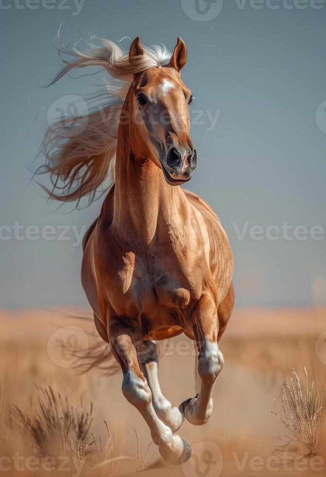 Beautiful palomino horse galloping on the desert with long mane photo