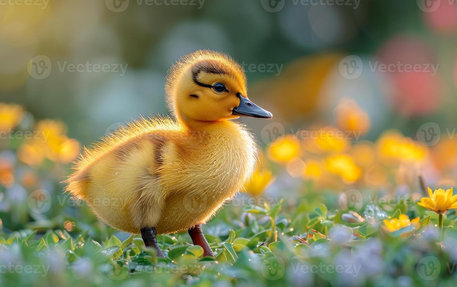 Cute duckling walking on the grass with flowers photo
