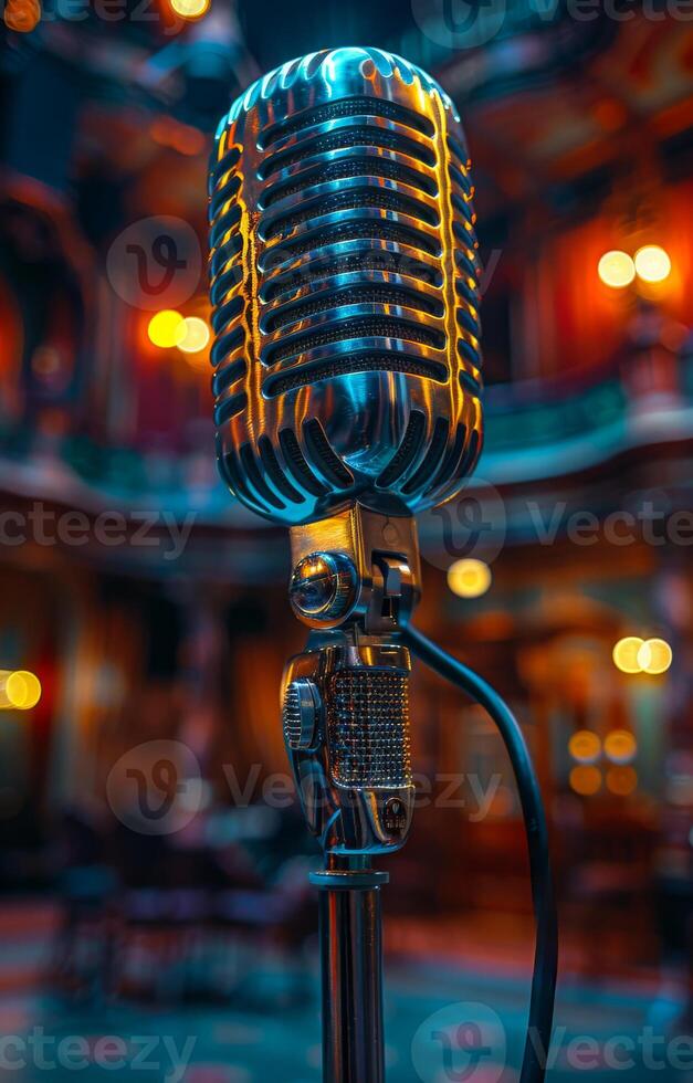 Vintage microphone on stage in the spotlight performance of the musical group. photo