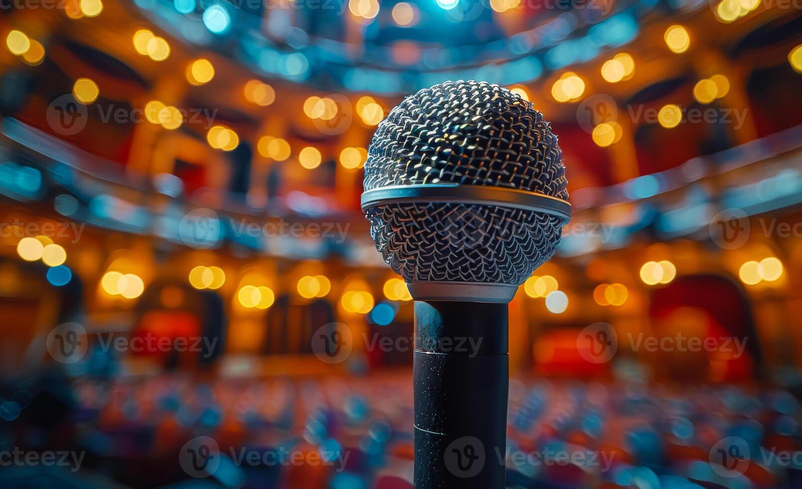 Microphone on stage in concert hall or theater waiting for voice photo