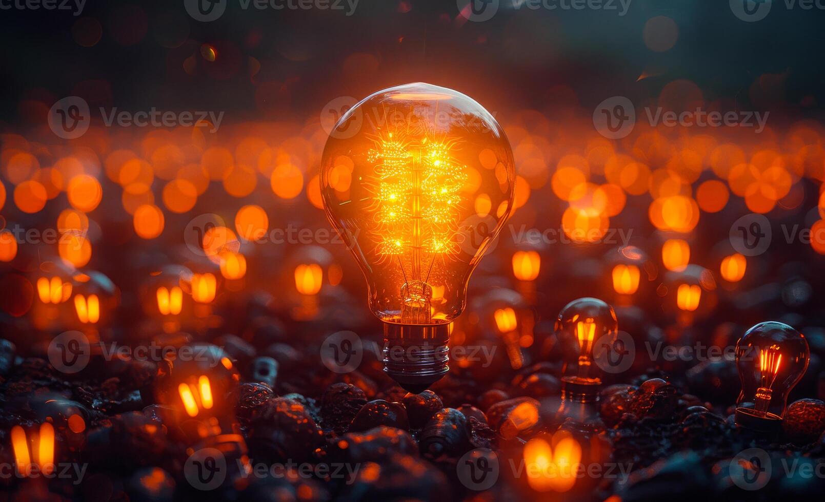 Glowing light bulb standing out from the unlit incandescent bulbs on the ground and among the grass at night. photo