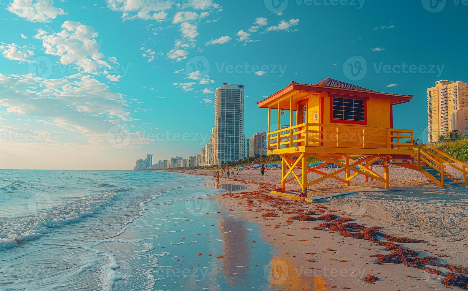 Yellow lifeguard house and buildings in the background on the beach photo