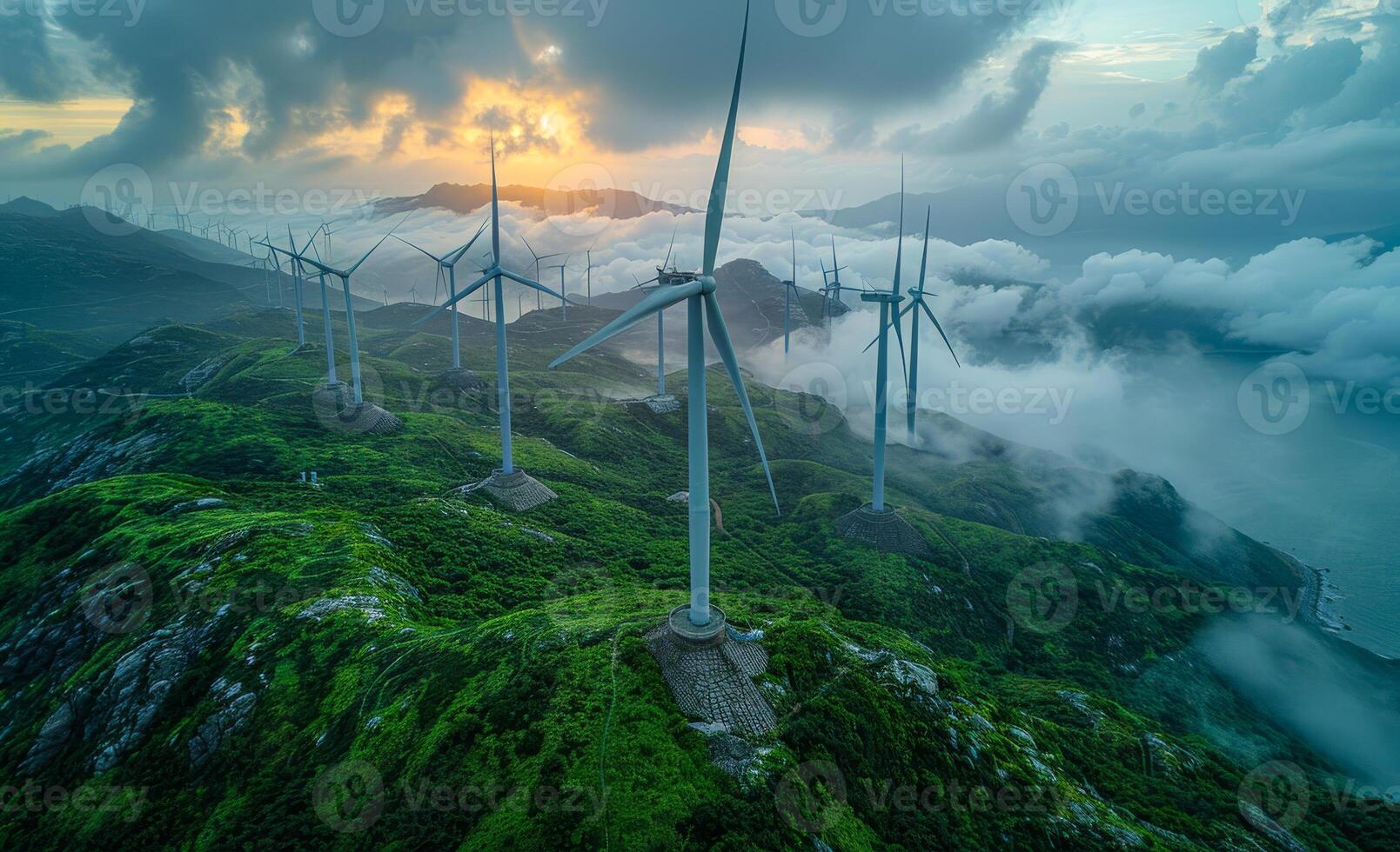 Wind turbines on the mountain. Windmill park with clouds and a blue sky photo