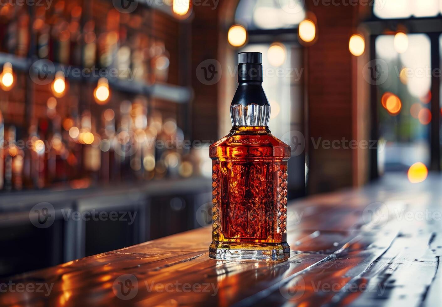 Bottle of whiskey on wooden bar counter photo