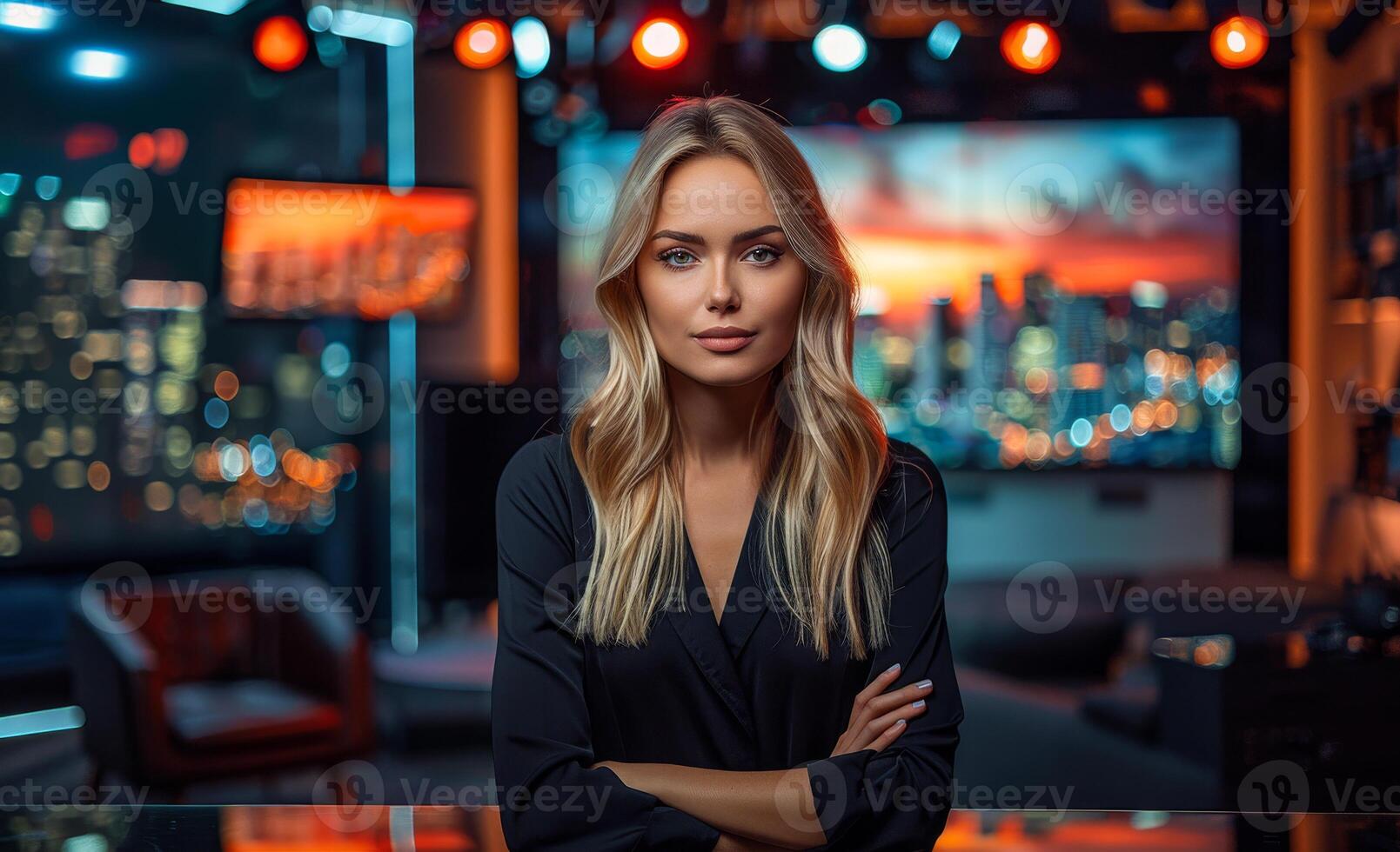 Beautiful young woman sitting at the table and looking at camera while working in the evening in the studio photo